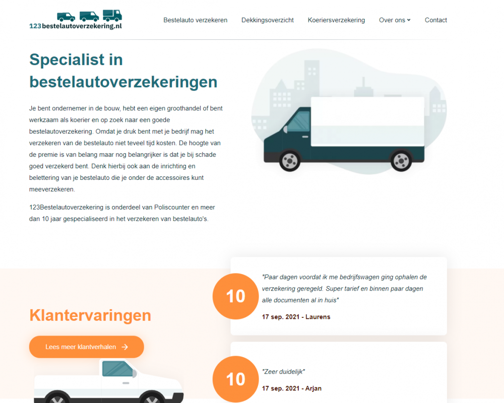 Pagina 'Specialist in bestelautoverzekeringen' op de website van 123bestelautoverzekeringen.nl