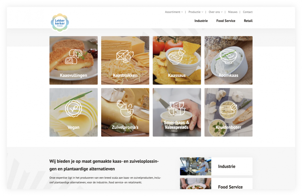 Screenshot van pagina 'Assortiment' op Lekkerkerkerfood.nl