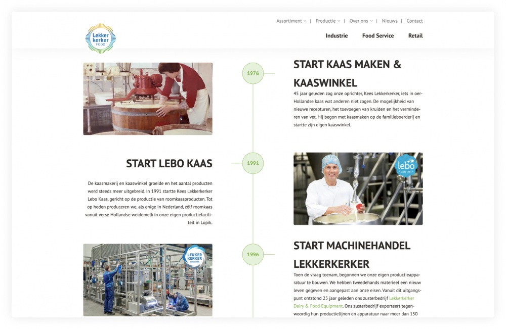 Screenshot van pagina 'Geschiedenis' op Lekkerkerkerfood.nl