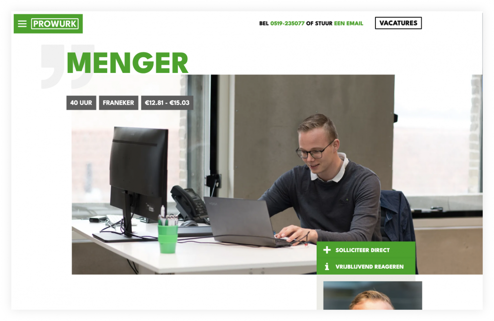 Screenshot van de vacature 'Menger' op Prowurk.nl