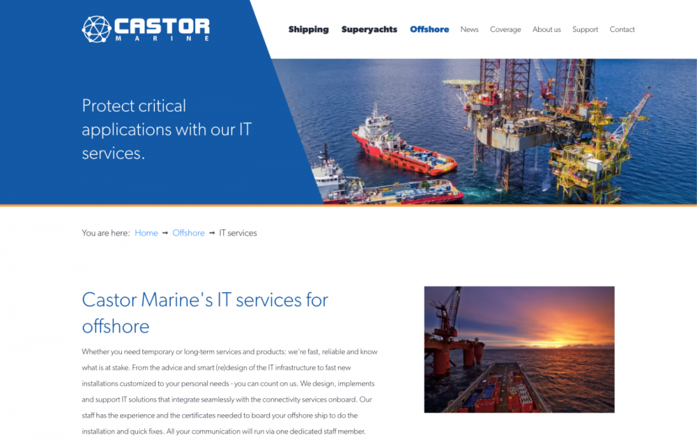 Screenshot van Castor Marine offshore pagina op desktop