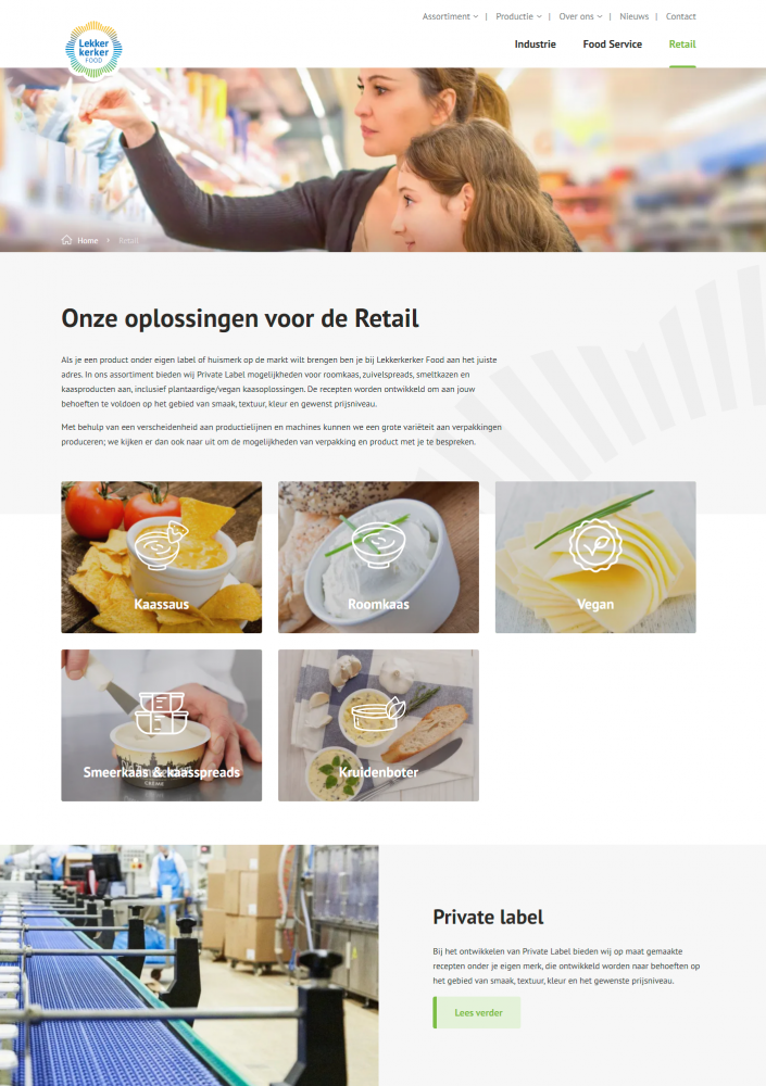 Screenshot van pagina 'Onze oplossingen voor de Retail' op Lekkerkerkerfood.nl