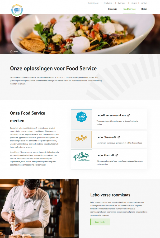 Screenshot van pagina 'Onze oplossingen voor de Foodbranche' op Lekkerkerkerfood.nl
